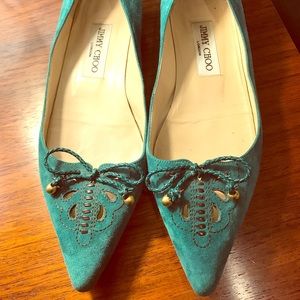 Jimmy Choo Vintage Suede Teal Flats, Size 38.